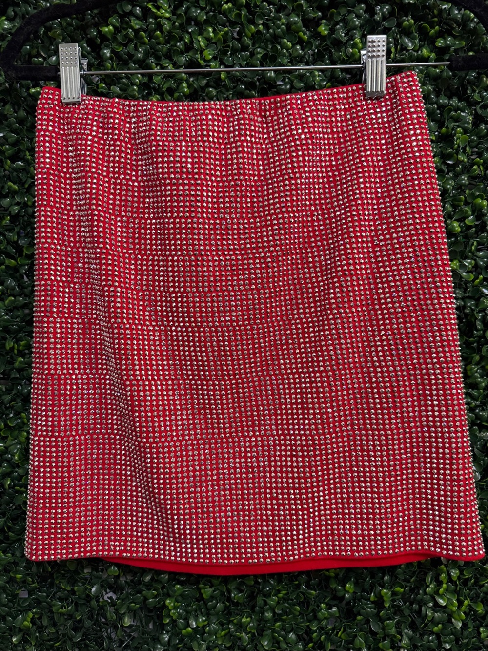 Red Embellished Mini Skirt — Sleek Sparkle
